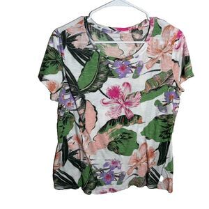 Studio 12 T-Shirt Women's Large Floral Round Neck Colorful Short Sleeve Top
